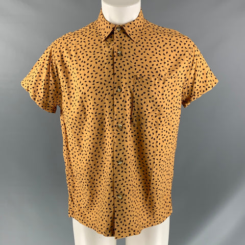 NEUW Size S Mustard &  Brown Leaves Rayon One pocket Short Sleeve Shirt