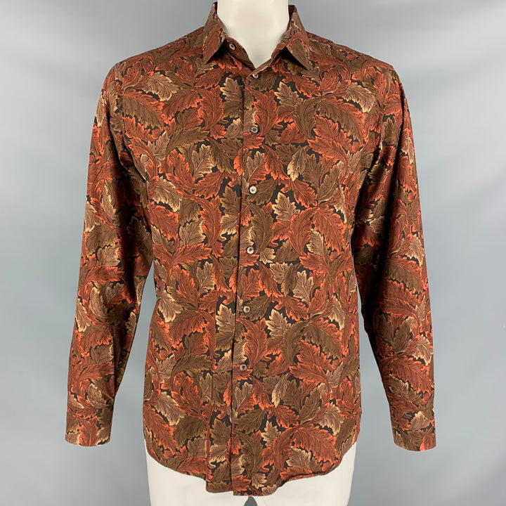 BURBERRY PRORSUM Fall 2008 Size L Brown & Black Leaf Print Cotton Button Down Long Sleeve Shirt