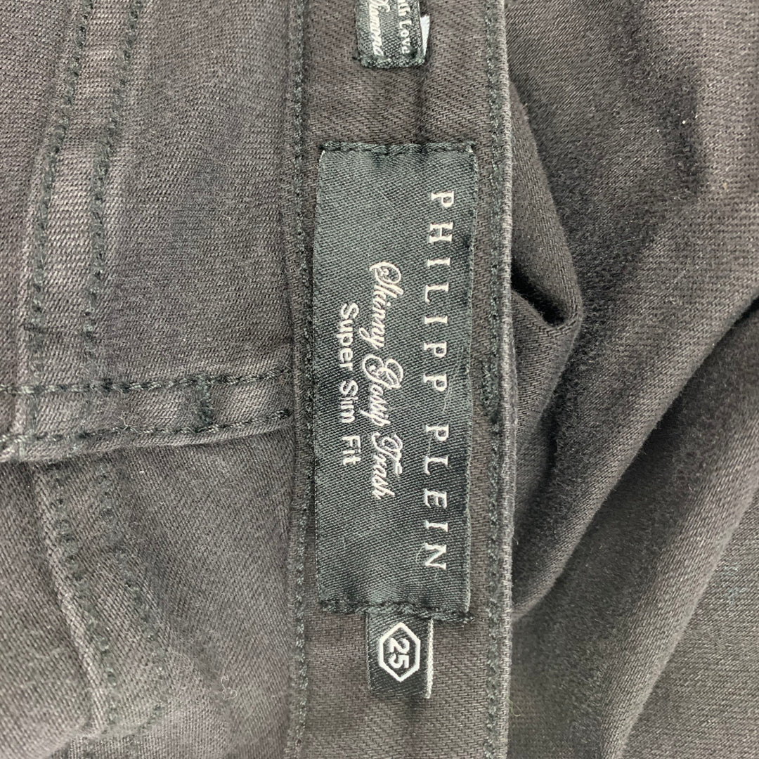 PHILIPP PLEIN Size 2 Black & Silver Cotton Paint Splattered Super Slim Fit The Glory Jeans