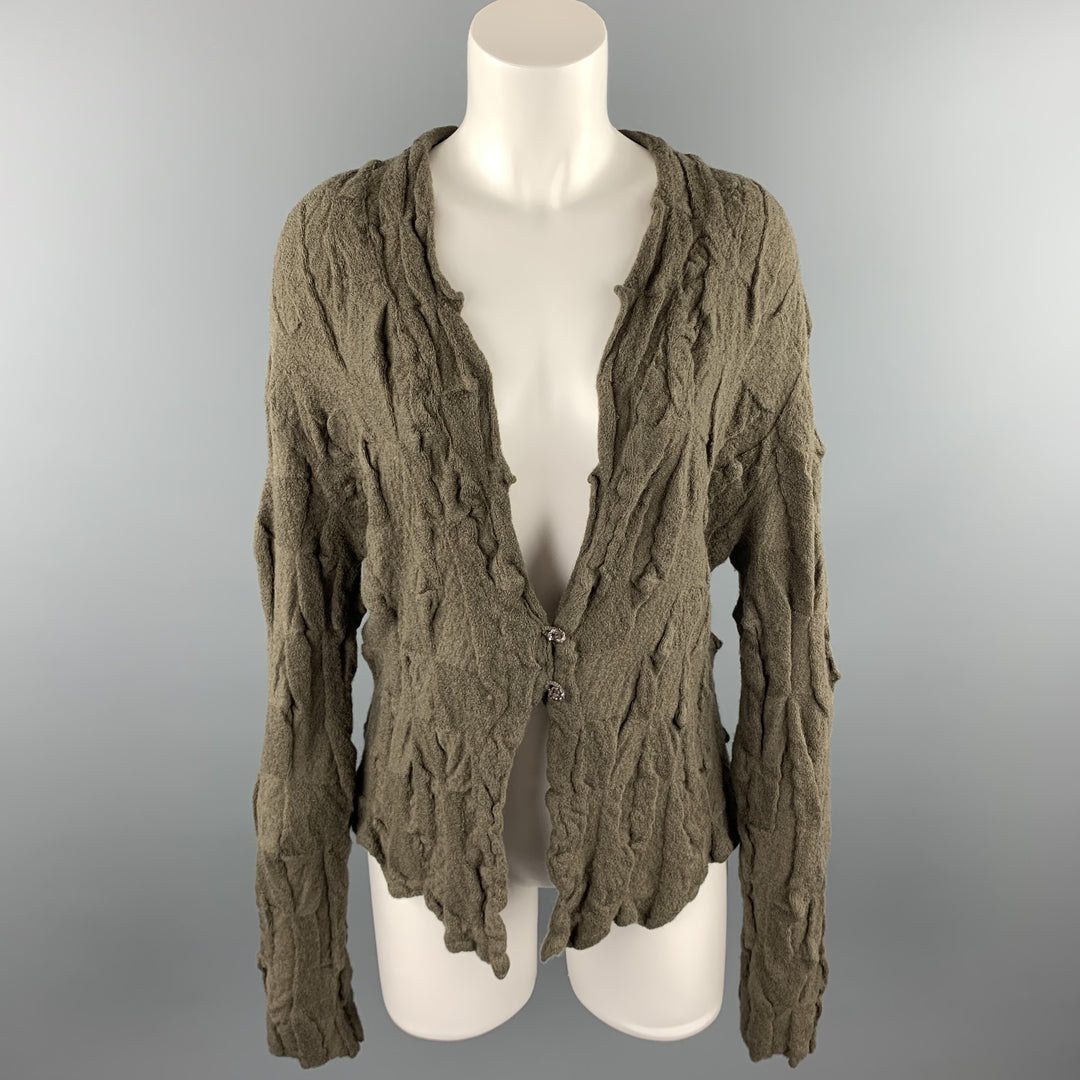 BUTAPANA Size M Olive Knitted Textured Wool Cardigan
