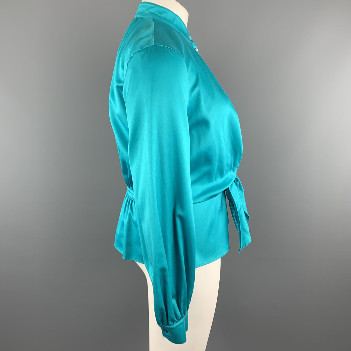 ESCADA Size 12 Turquoise Cotton Sateen Band Collar Tied Blouse