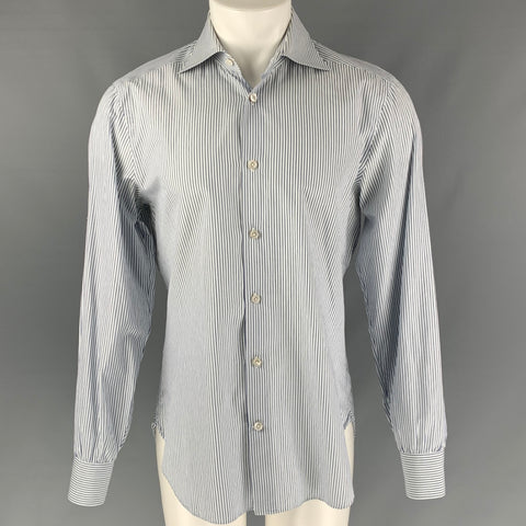 KITON Size M White & Navy Stripe Cotton Button Up Long Sleeve Shirt