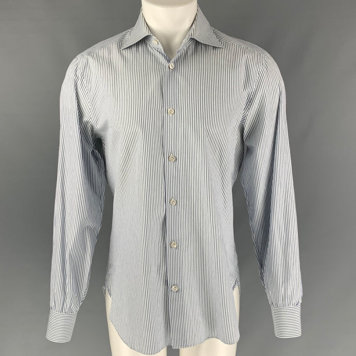 KITON Size M White & Navy Stripe Cotton Button Up Long Sleeve Shirt