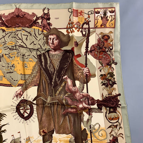 HERMES Brown Cream Taupe Silk Les Ameriques Scarf