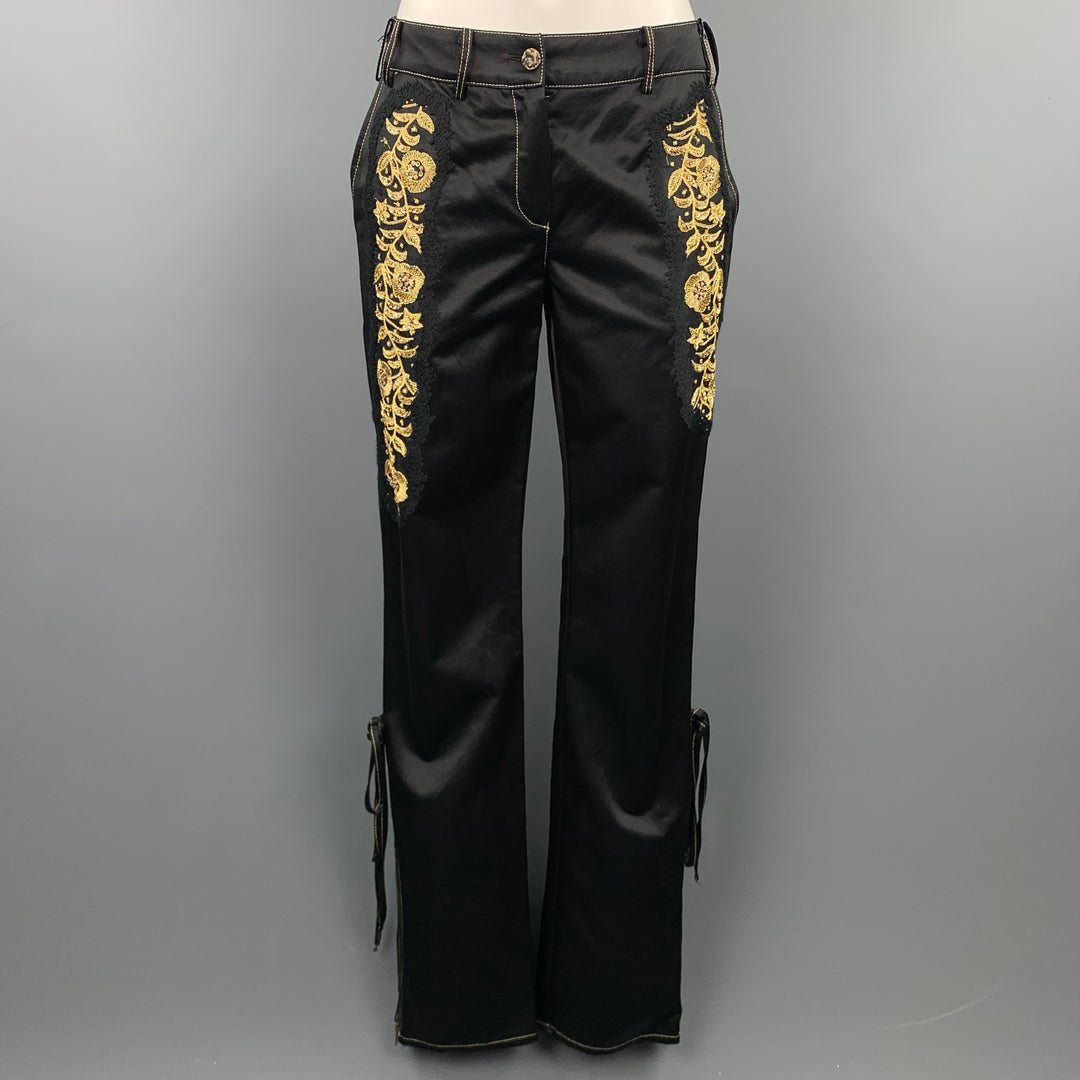 ROBERTO CAVALLI Size 6 Black & Gold Embroidred Cotton / Viscose Skinny Dress Pants