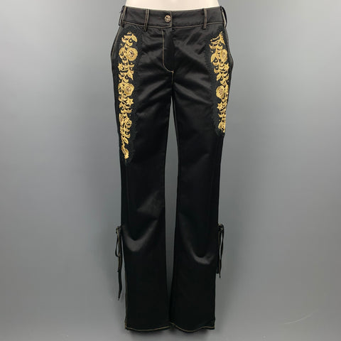 ROBERTO CAVALLI Taille 6 Pantalon habillé skinny en coton / viscose brodé noir et or