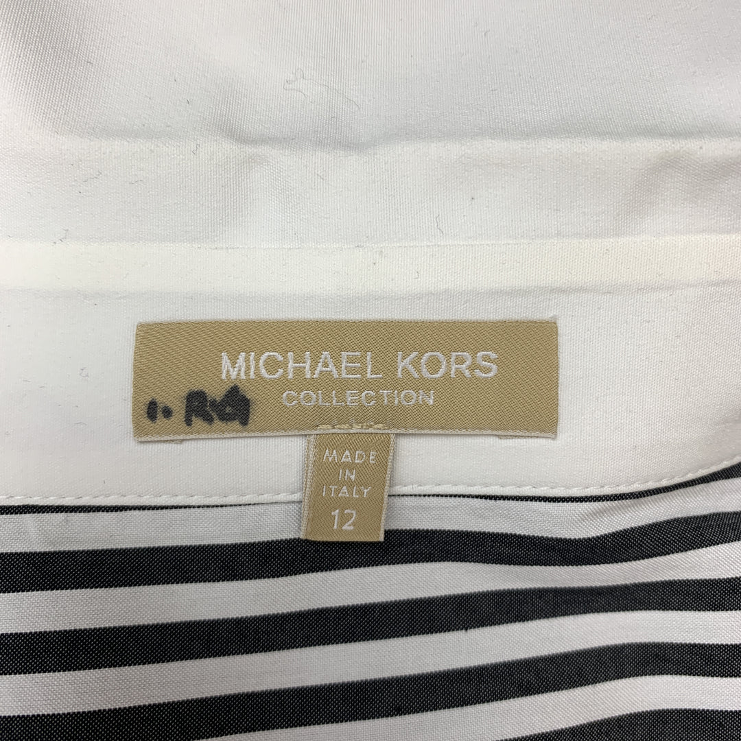 MICHAEL KORS Size 12 Black & White Striped Cotton Blend French Cuff Blouse