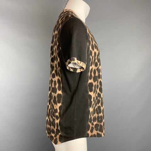 JUST CAVALLI Size XL Tan & Black Leopard  Print Cotton T-shirt