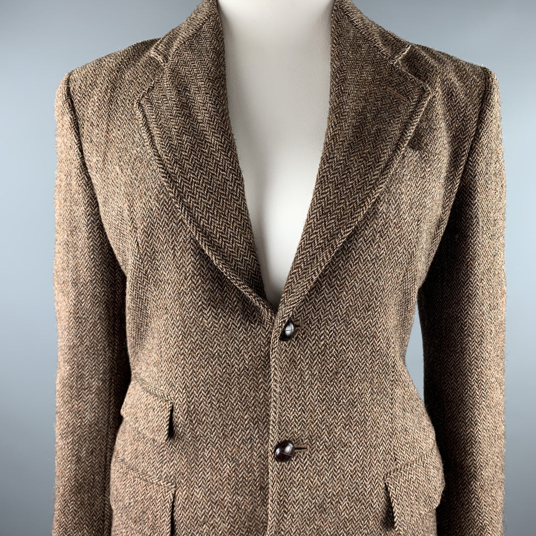 RALPH LAUREN Taille 4 Veste blazer surdimensionnée en laine à chevrons en tweed marron
