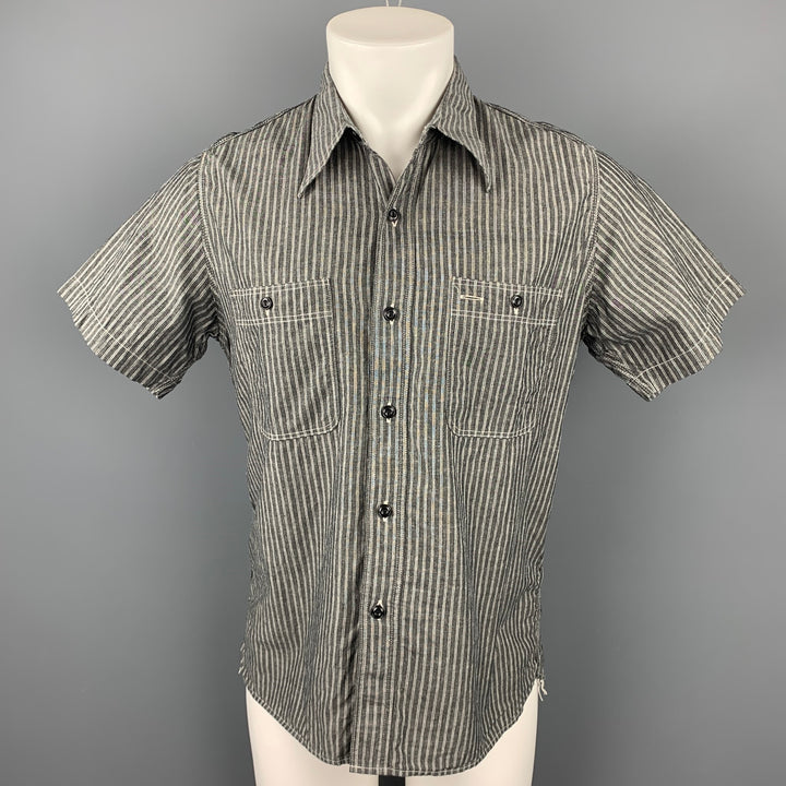 BELAFONTE Size L Dark Gray Stripe Cotton / Linen Short Sleeve Shirt