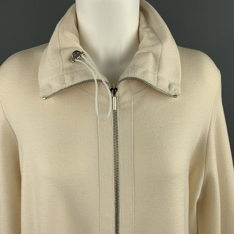 AKRIS Size 14 Cream Wool Blend Jacket High Neck Sweater Jacket