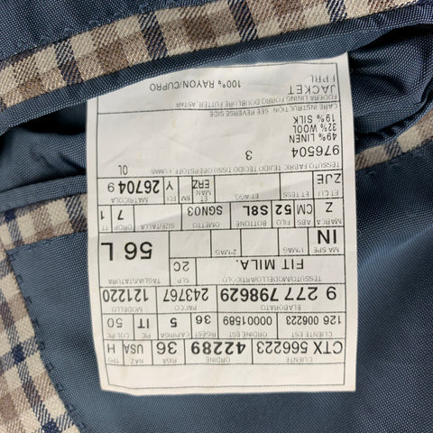 ERMENEGILDO ZEGNA Size 46 Crossover Taupe & Blue Plaid Linen Blend Notch Lapel Sport Coat