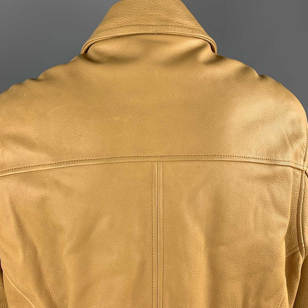 I.MAGNIN Size S Khaki Textured Leather Zip Up Collared Jacket