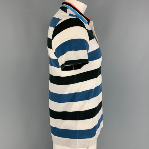 LACOSTE Size L White Blue Black Stripe Cotton Short Sleeve Polo