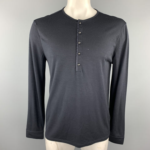 JOHN VARVATOS Size L Navy Hetahrered Wool Jersey Buttoned Henley