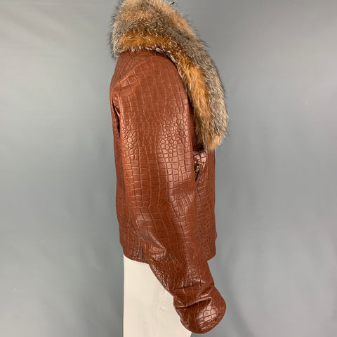 JAKE WOOD Taille XL Veste motard en cuir gaufré marron