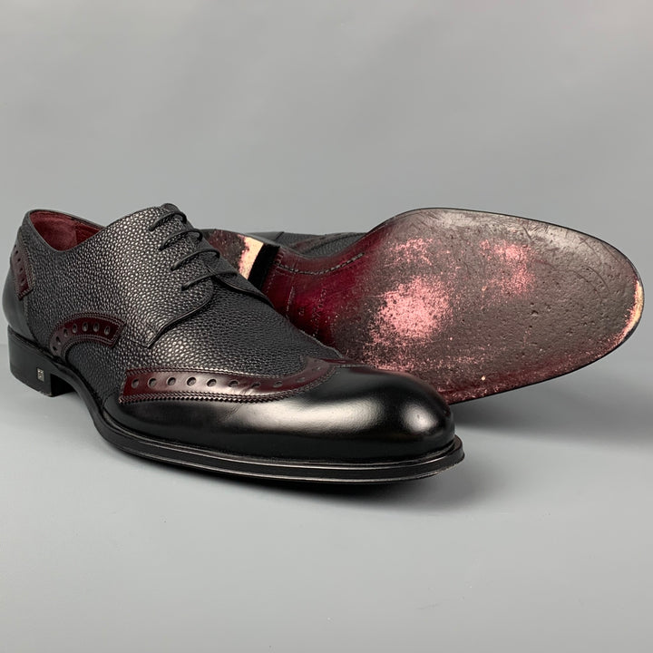 LOUIS VUITTON Size 11.5 Black Burgundy Textured Leather Wingtip Lace Up Shoes
