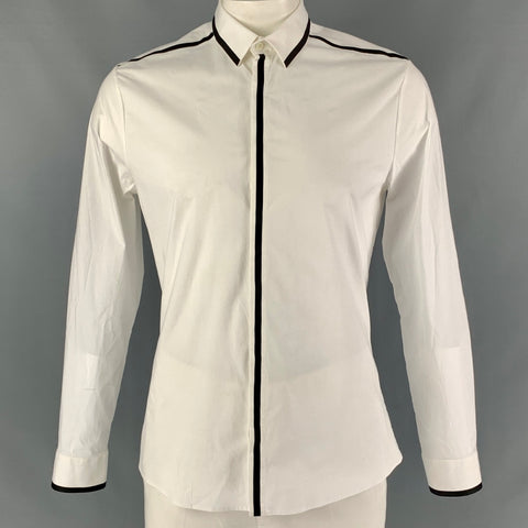 LES HOMMES Size XL White Solid Black Cotton &  Elastane Long Sleeve Shirt