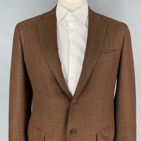 KITON Size 44 Brown Orange Window Pane Cashmere Notch Lapel Sport Coat