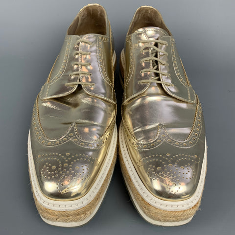 PRADA Size 10 Gold Metallic Leather Platform Lace Up Shoes