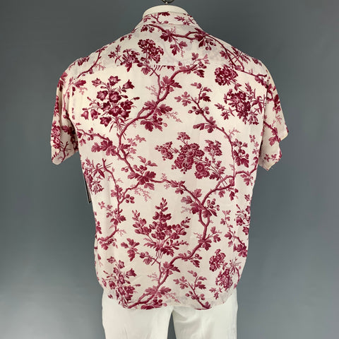 BODE Size L Off White Burgundy Floral Rayon Camp Short Sleeve Shirt