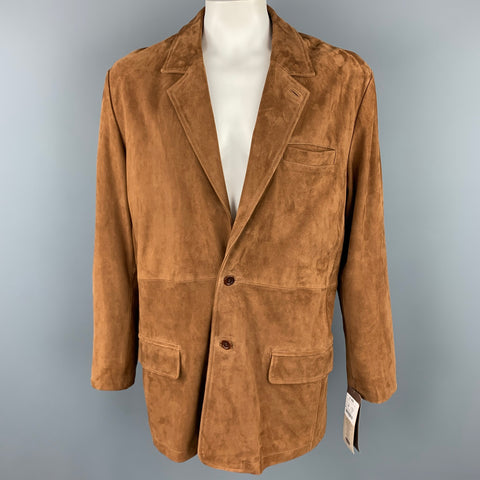 OVERLAND Size 48 Camel Leather Notch Lapel Mountain Blazer Jacket