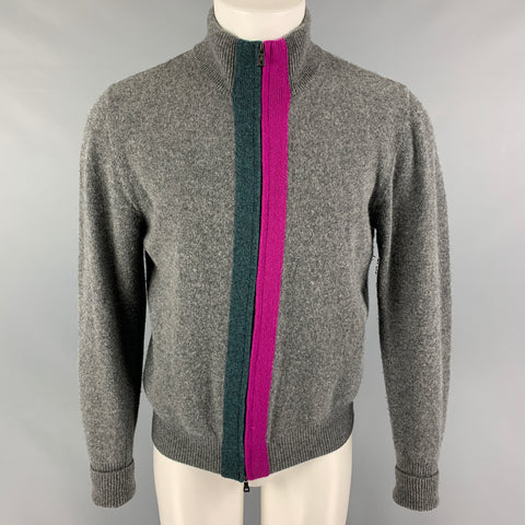 BALLANTYNE Size M Grey Fuchsia Vertical Stripe Wool Zip Up Cardigan