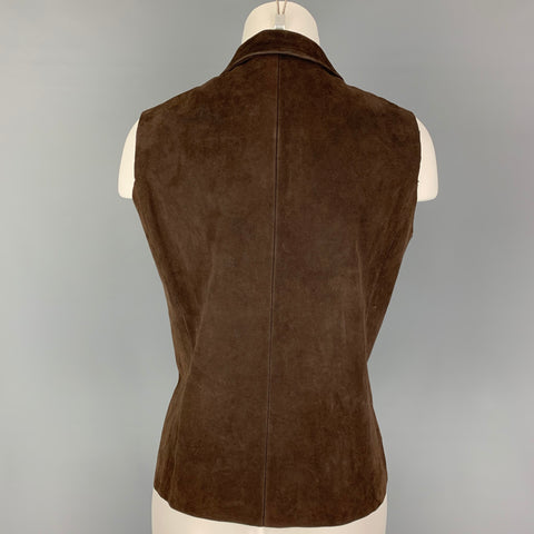 PRADA Talla 10 Chaleco con broches de ante marrón con volantes