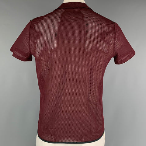 PRADA Size L Burgundy See-Through Polyester Lace Up Short Sleeve Shirt