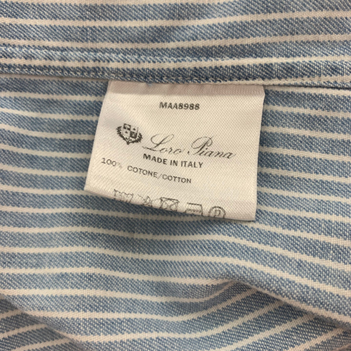 LORO PIANA Size M Blue White Stripe Cotton Button Up Long Sleeve Shirt