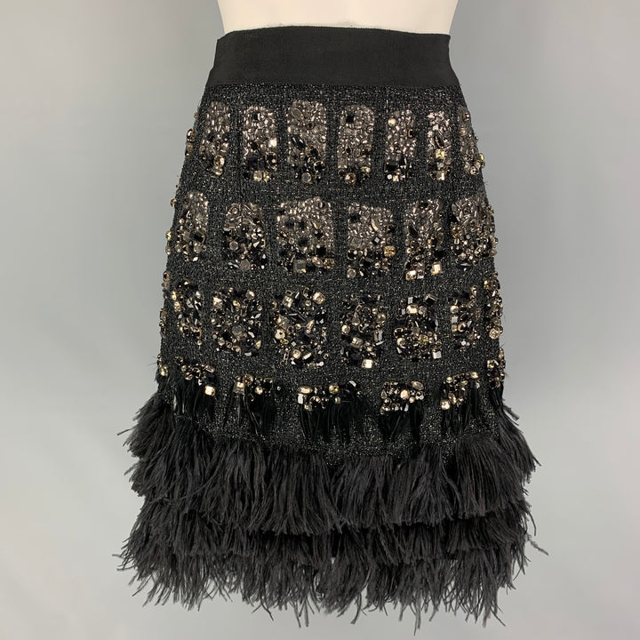 GIAMBATTISTA VALLI COUTURE Size M Black Cotton Blend Feathers Pencil Skirt