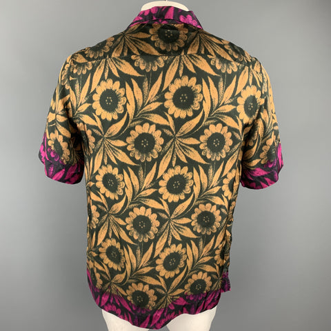 DRIES VAN NOTEN Size L Black & Gold Floral Viscose Camp Short Sleeve Shirt