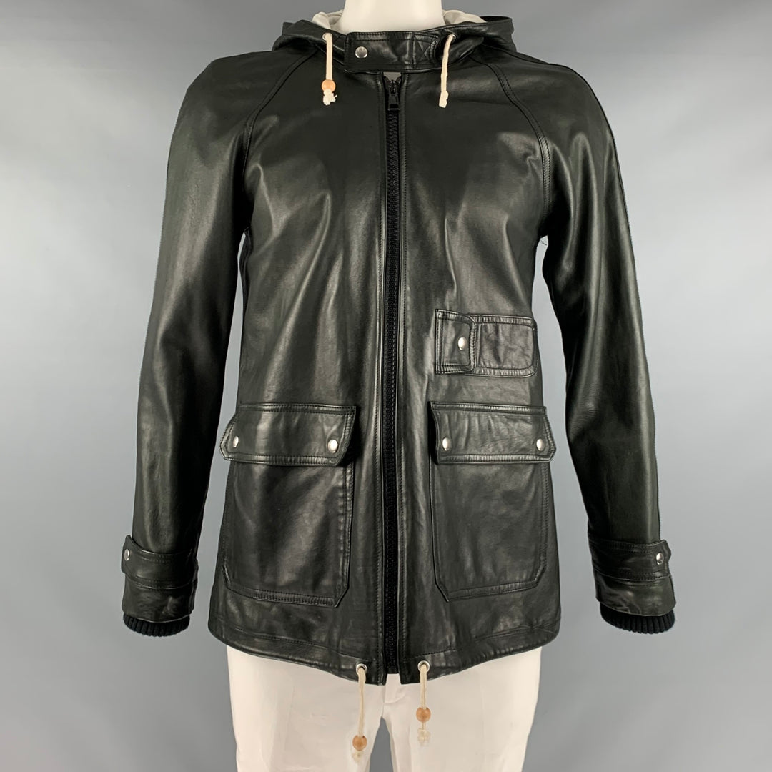 BAND OF OUTSIDERS Size L Black Leather Hooded Jacket