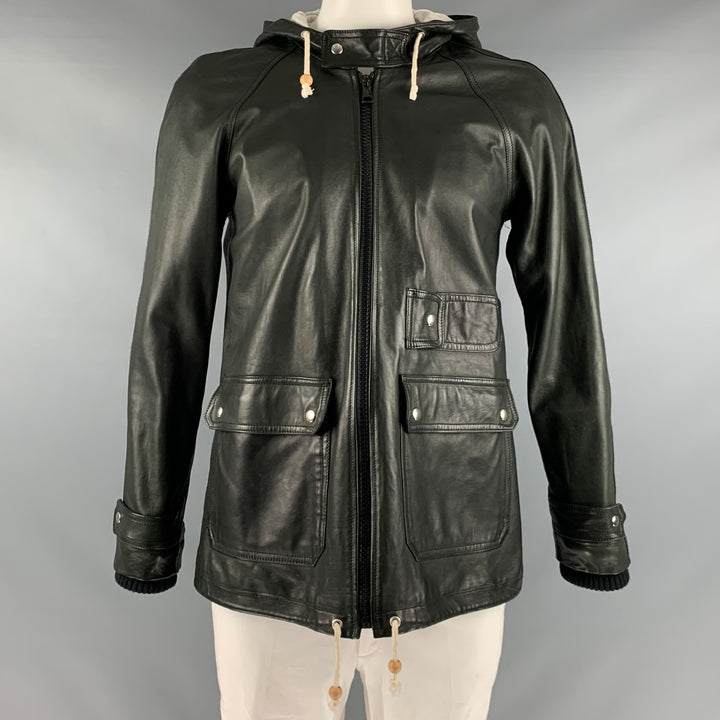 BAND OF OUTSIDERS Size L Black Leather Hooded Jacket