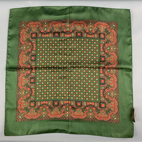 VINTAGE Pochette de costume en soie imprimé vert orange
