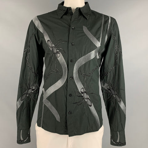 ROBERTO CAVALLI Taille XL Noir Gris Broderie Coton Boutonné Chemise à manches longues