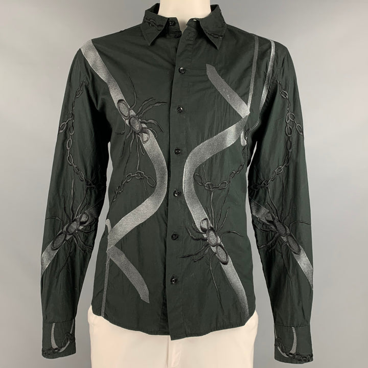 ROBERTO CAVALLI Size XL Black Grey Embroidery Cotton Button Up Long Sleeve Shirt