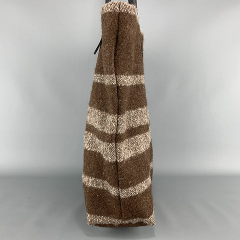 STEVE MONO Striped Textured Brown Wool Black Leather Straps Tote Bag