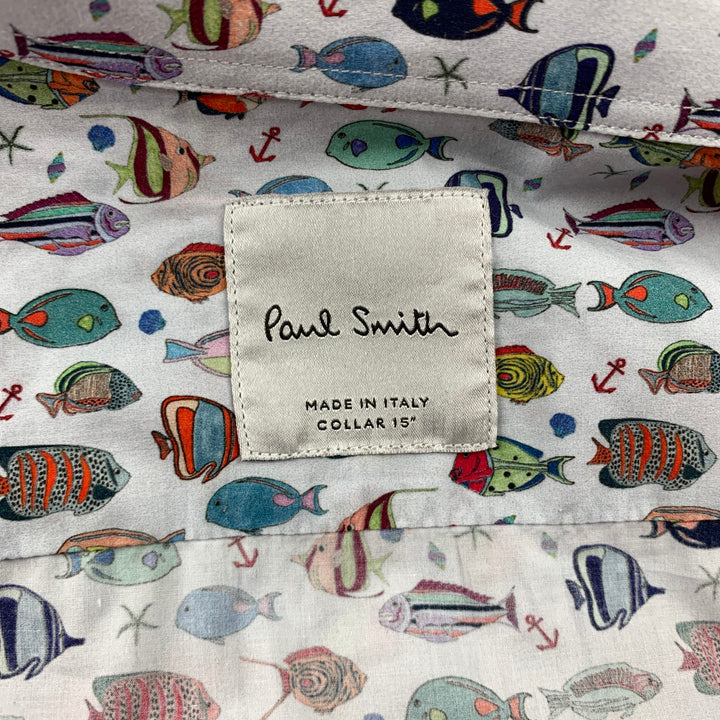 PAUL SMITH Talla M Camisa blanca de manga larga con botones de algodón con estampado de peces