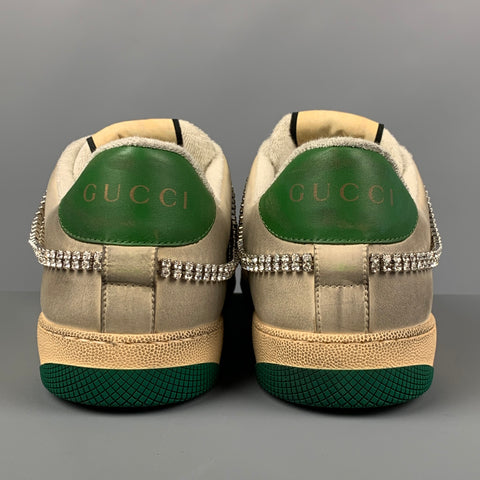 GUCCI Size 15 Off White Green Distressed Leather Crystal Screener Sneakers