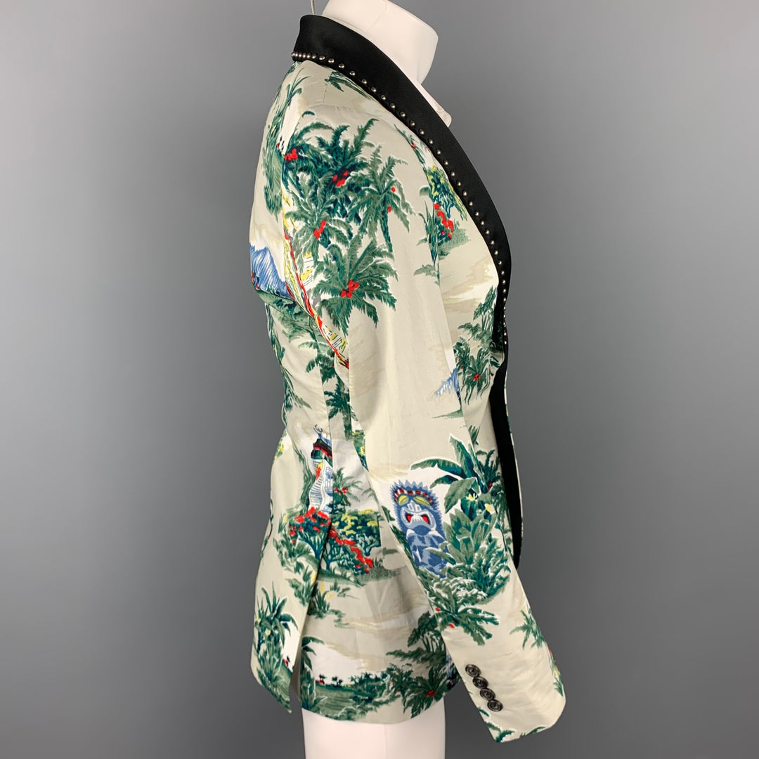 R13 Ivory Print Silk / Cotton Studded Shawl Collar Sport Coat