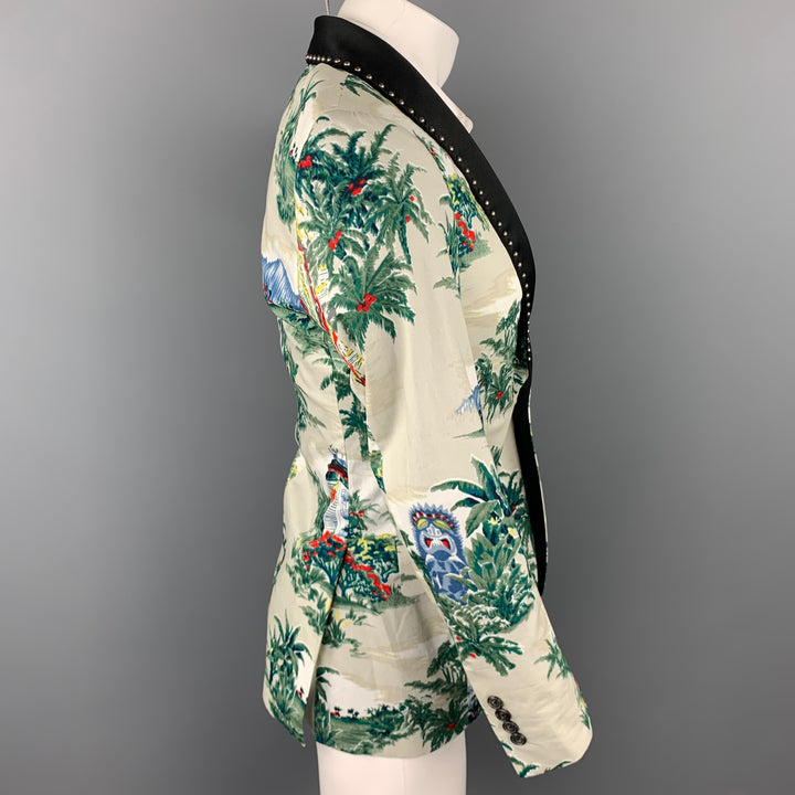 Manteau de sport à col châle clouté en soie/coton imprimé ivoire R13