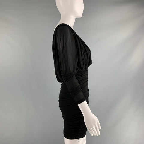 SAINT LAURENT Size 2 Black Cupro Ruched Long Sleeve Mini Cocktail Dress