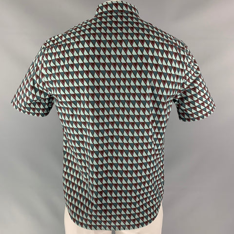 PRADA Size L Green &  Brown Geometric  Button Down Short Sleeve Shirt