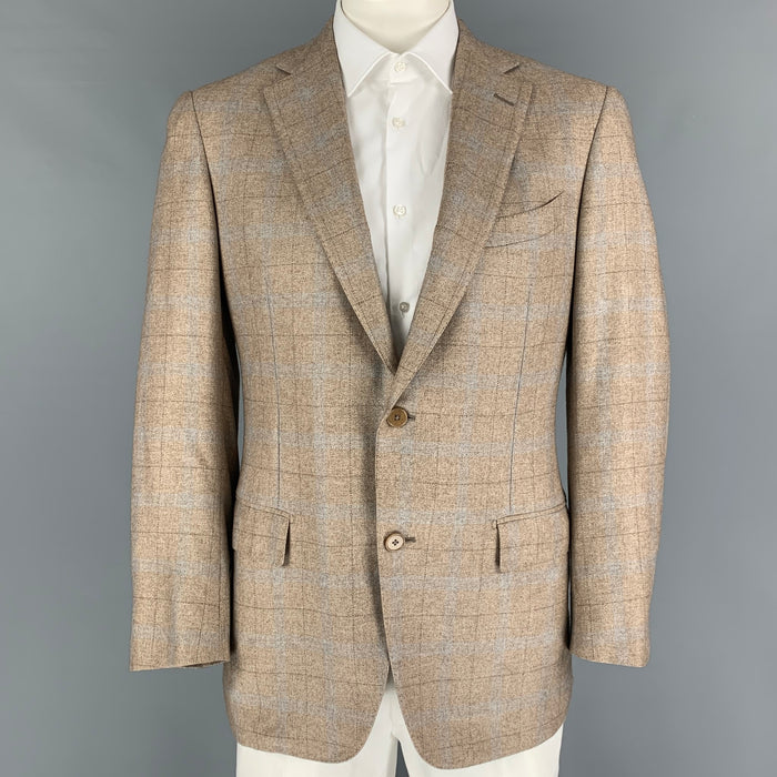 ERMENEGILDO ZEGNA Size 42 Regular Oatmeal Light Grey Plaid Sport Coat