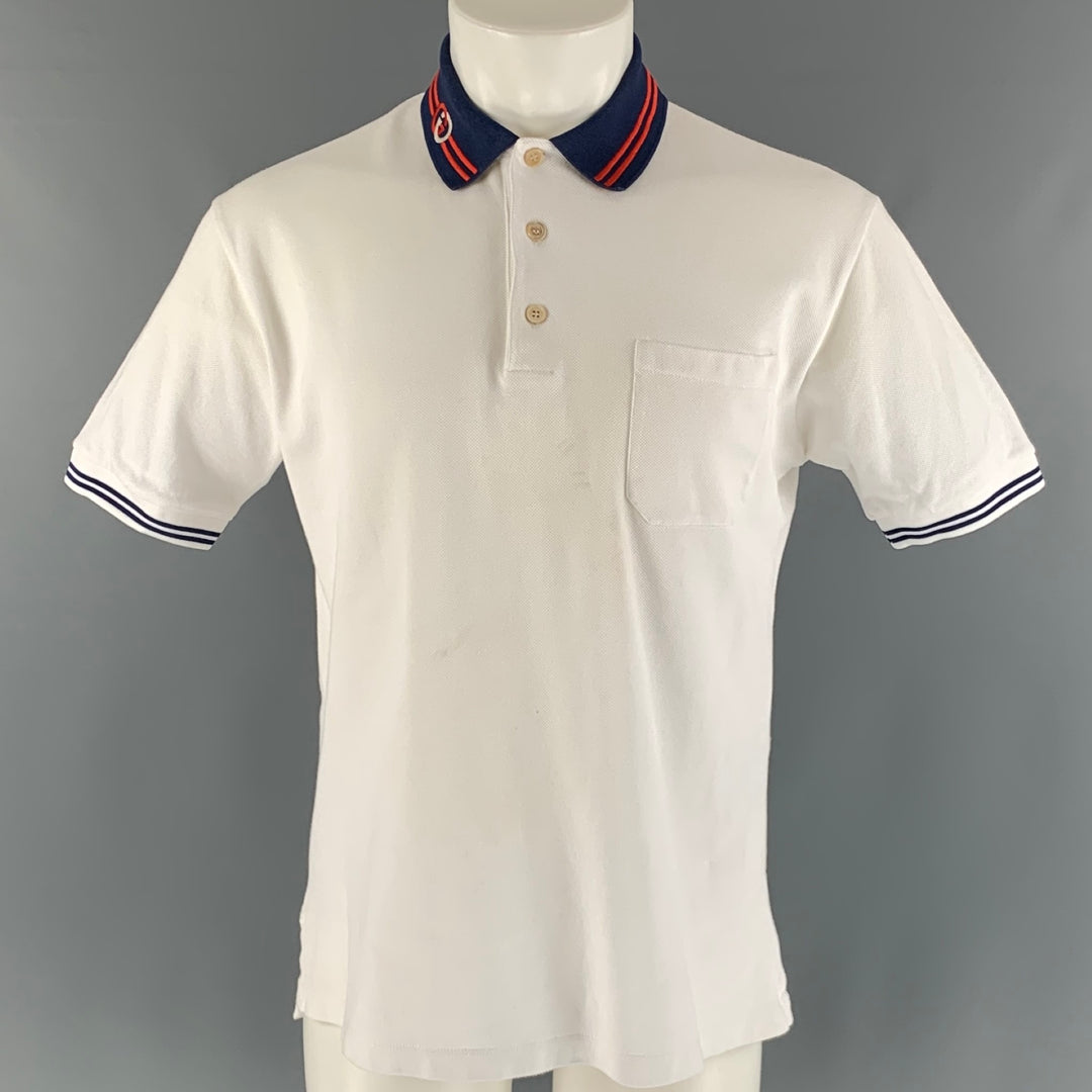 GUCCI Size M White Navy Solid Cotton Buttoned Polo