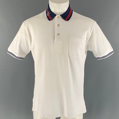 GUCCI Size M White Navy Solid Cotton Buttoned Polo