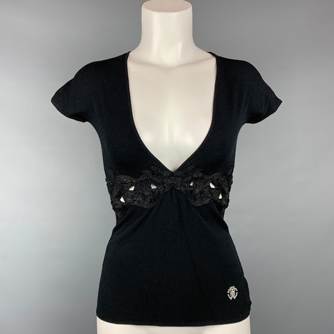 ROBERTO CAVALLI Taille 4 Haut habillé en jersey noir embellissement viscose / polyester