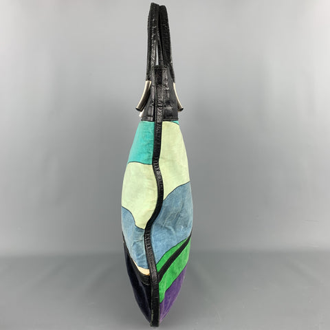 EMILIO PUCCI  Blue Color Block Velvet Patent Leather Tote Handbag