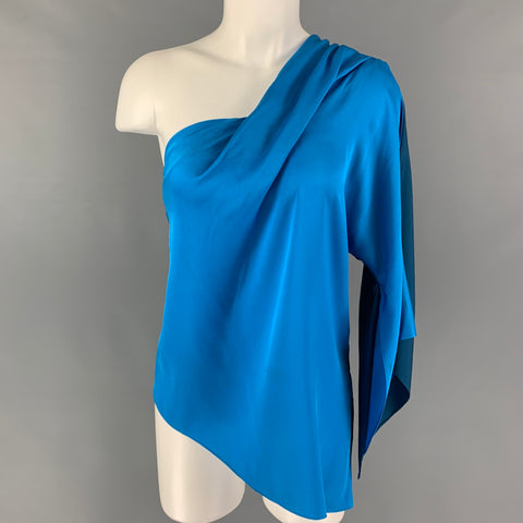 ELIE TAHARI Cobalt Blue Silk Two Tone One Shoulder Blouse